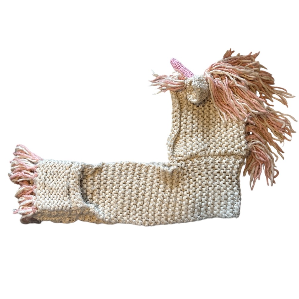 Chunky Knit Ivory & Pink Hooded Unicorn Scarf With Pockets & Tassels, Winter Fun